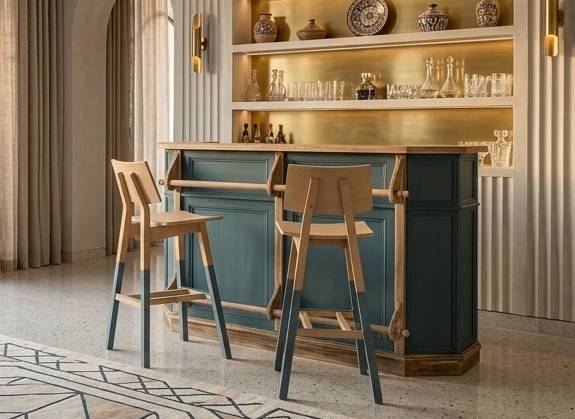 Bar et tabouret scandinave transformés — Pin brut et bleu nordique à Casablanca