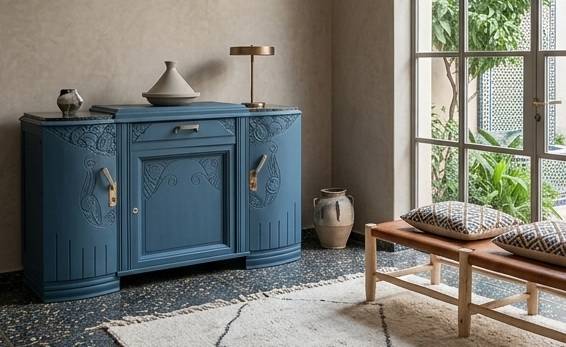 Buffet art-déco bleu transformé — Poirier sculpté et marbres noirs à Casablanca