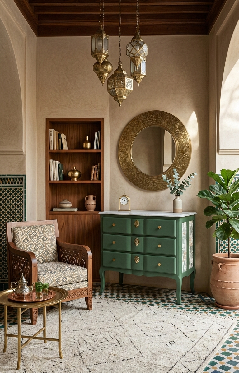Commode arbalète transformée — Hêtre, Libéron et miroir marocain à Casablanca 1 Gemini Generated Image c8scm6c8scm6c8sc La commode arbalète est l'un de ces meubles que l'on redécouvre avec étonnement : des proportions généreuses, des formes sculpturales et une structure en hêtre solide qui supporte toutes les interventions. Transformée dans notre atelier à Casablanca, cette pièce démontre qu'un meuble méconnu peut devenir l'élément central d'une décoration contemporaine.