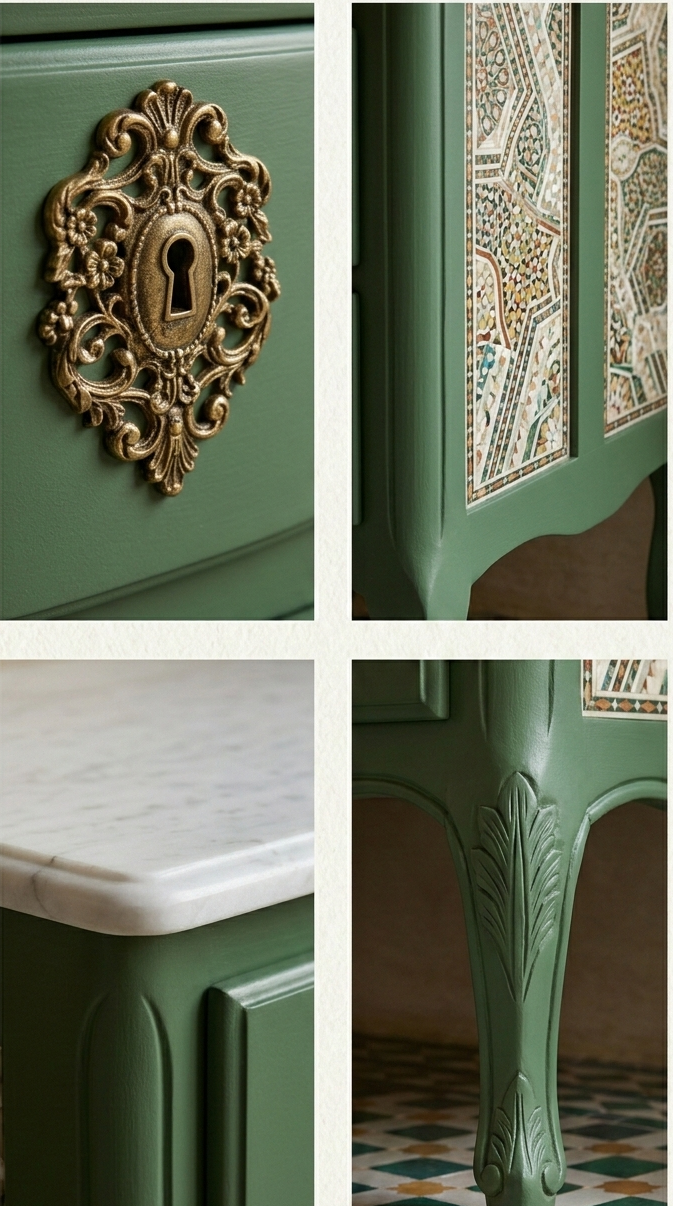 Commode arbalète transformée — Hêtre, Libéron et miroir marocain à Casablanca 6 Mbl Commode Verte P edited 1 La commode arbalète est l'un de ces meubles que l'on redécouvre avec étonnement : des proportions généreuses, des formes sculpturales et une structure en hêtre solide qui supporte toutes les interventions. Transformée dans notre atelier à Casablanca, cette pièce démontre qu'un meuble méconnu peut devenir l'élément central d'une décoration contemporaine.