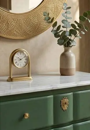 Commode arbalète transformée — Hêtre, Libéron et miroir marocain à Casablanca 4 Mbl Commode Verte Z 1 La commode arbalète est l'un de ces meubles que l'on redécouvre avec étonnement : des proportions généreuses, des formes sculpturales et une structure en hêtre solide qui supporte toutes les interventions. Transformée dans notre atelier à Casablanca, cette pièce démontre qu'un meuble méconnu peut devenir l'élément central d'une décoration contemporaine.