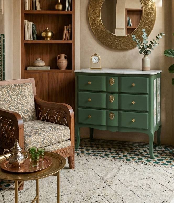 Commode arbalète transformée — Hêtre, Libéron et miroir marocain à Casablanca 5 Mbl Commode Verte Z La commode arbalète est l'un de ces meubles que l'on redécouvre avec étonnement : des proportions généreuses, des formes sculpturales et une structure en hêtre solide qui supporte toutes les interventions. Transformée dans notre atelier à Casablanca, cette pièce démontre qu'un meuble méconnu peut devenir l'élément central d'une décoration contemporaine.